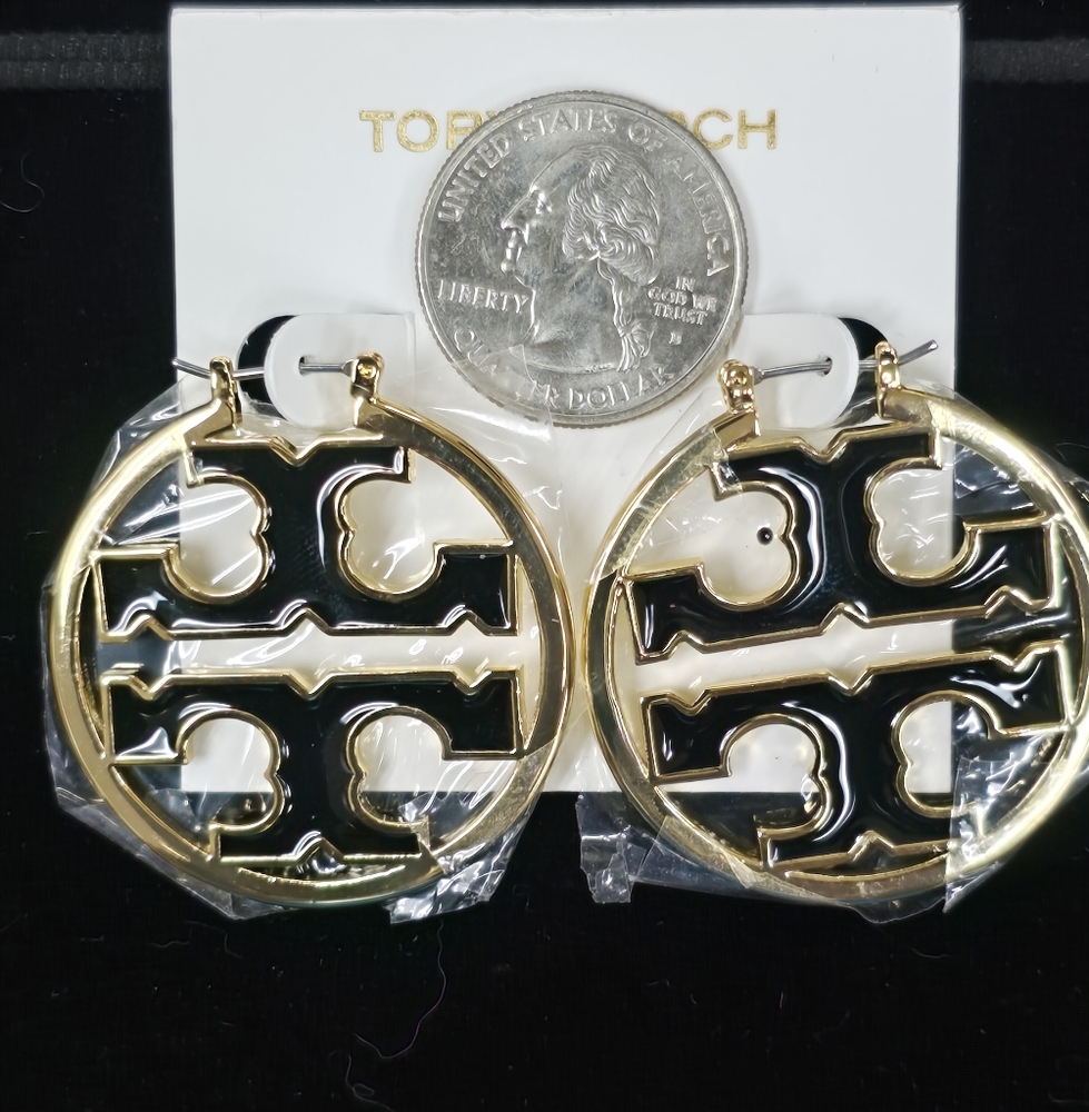 Tory Burch Black and Gold Logo Hoop Earrings - Picture 4 of 4